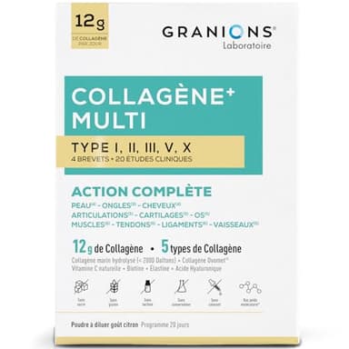 GRANIONS - COLLAGENE MULTI - Collagene Marin Poudre - Action 10 en 1-5 Types de Collagene - Collagene Marin + Vitamine C - 20 études cliniques - Collagene Goût Citron - Collagene Poudre 260 g