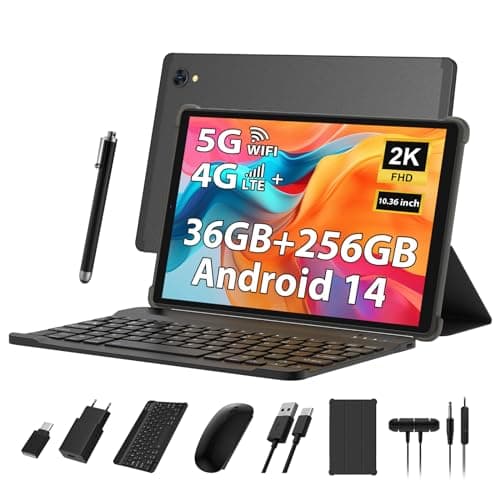 PIXPEAK 2K Tablette 10,36 Pouces, 4G LTE+5G WiFi, 36GB RAM+256GB ROM (2TB TF), Android 14 Tabletta PC, Octa-Core 2.0 GHz, 2000 * 1200, 8000mAh, 13MP+8MP, GPS, Tablette avec Clavier ect (Noir)