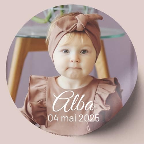 Lot de 24 stickers personnalisés, votre photo, thème baby shower, naissance, baptême, autocollant rond prénom date, typographie au choix, étiquette adhésive, mat ou brillant, 4cm