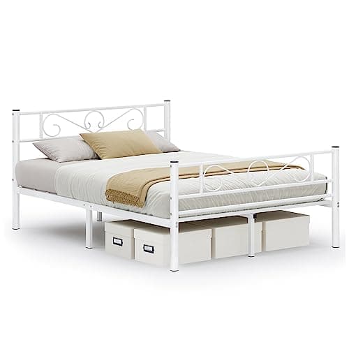 VASAGLE Lit 2 Personnes, Lit Double, en Métal, Convient pour Matelas de 140 x 190 cm, Montage Facile, pour Petits Espaces, Chambre d’Amis, Chambre Ado, Blanc RMB063W01