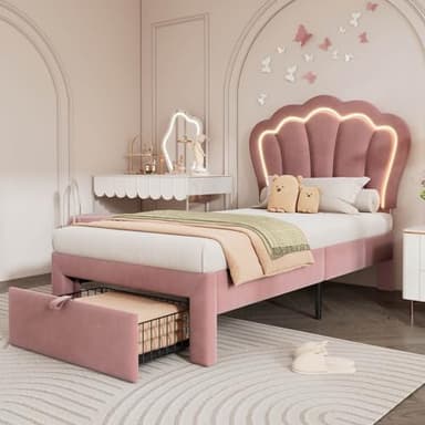 KOMHTOM Lit Simple Rembourré, Tête de lit avec éclairage LED, Lit d'enfant avec Tiroir de Rangement, Sommier à Lattes, Cadre de lit pour Adolescents(sans Matelas) (90 x 190 cm)