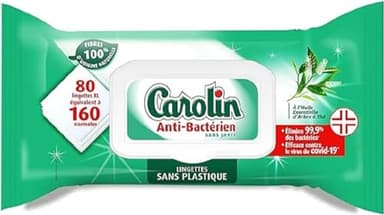 Carolin Lingettes Anti-Bactériennes à l'Huile Esssentielle d'Arbre à Thé, Sans Javel x80