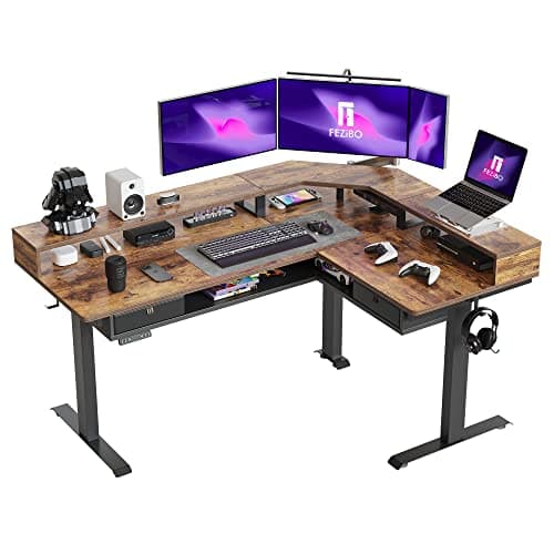 FEZIBO Bureau Assis Debout Angle Électrique - 160 * 120 cm Bande LED 3 Moteurs Bureau Debout Réglable en Hauteur avec Support pour Moniteur et 2 tiroirs, Angle Réversible, Système Anti-Collision