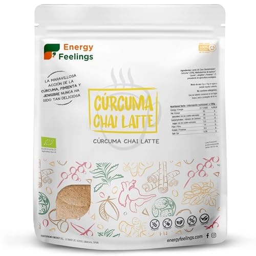 Energy Feelings Curcuma Chai Latte en Poudre Bio 500g, Golden Latte Thé Chai, Curcuma avec Gingembre, Poivre Noir, Cannelle, Parfait pour Préparer une Boisson Sans Gluten et Vegan