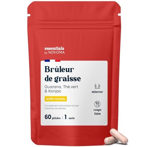 Bruleur de Graisse Puissant, Formule Minceur avec Guarana, Thé Vert & Konjac, Coupe Faim Naturel, Complément Perte de Poids, Cure de 1 mois, 60 Gélules, Fabriqué en France, Essentials by Novoma
