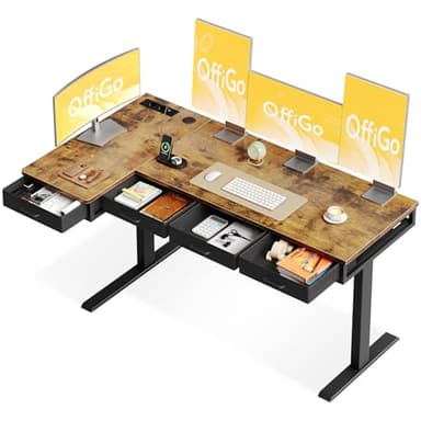 OffiGo Bureau Assis Debout, 160cm Bureau Electrique avec 4 Tiroirs, Standing Desk avec Prise pour la Maison, Brun Rustique