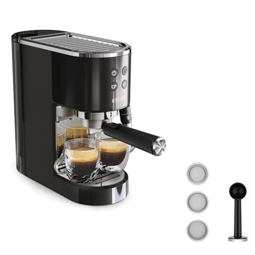 KRUPS Virtuoso+, Machine expresso, Machine a cafe à pompe, expresso machine a cafe moulu ou dosettes, 15 bars, Inox, Buse vapeur, Espresso et cappuccino, XP444G10, Acier Noir