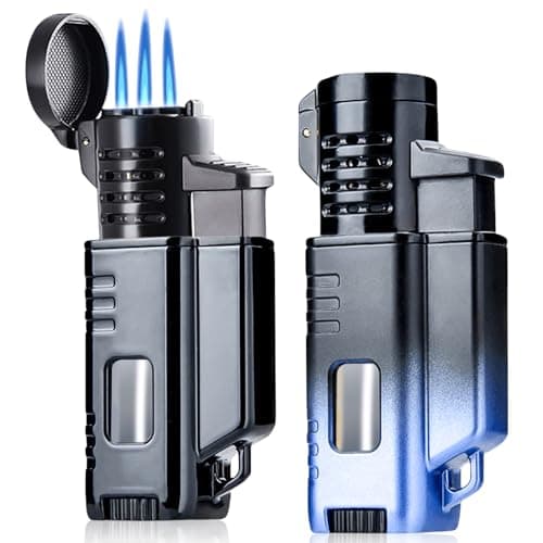 Lot de 2 Briquets à Flamme Triple Jet - Briquet à Gaz Tempête Avec Housse de Protection, Gonflable Portable Coupe-Vent en Métal pour Homme et Père