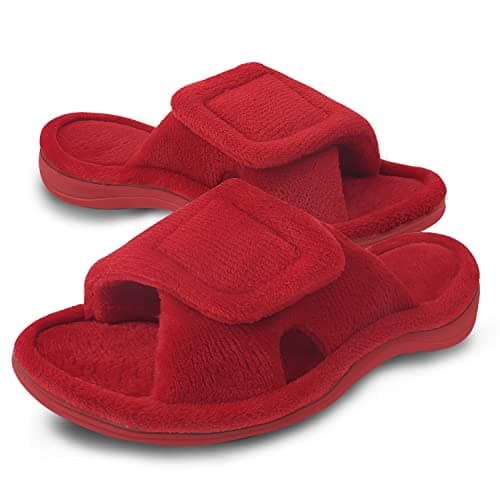 Git-up Chaussons Femme Mousse à Mémoire avec Support de l'arche Ajustable Crochet et Boucle Diabétique Large Bout Ouvert Pantoufles de Maison Extérieur et Intérieur, Rouge 8/9