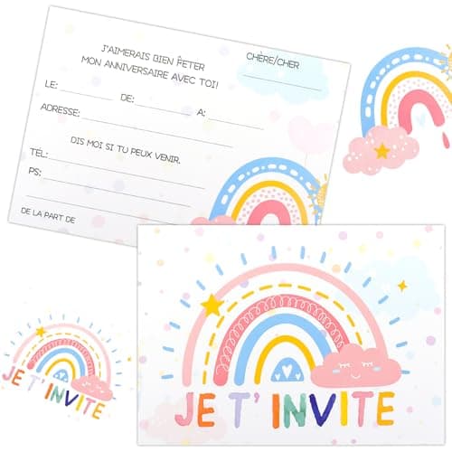 Bomtop 12 Cartes d'invitation pour les anniversaires d'enfants, Carte Anniversaire Colorée, Invitations de fête, Carte Invitation Anniversaire Fille, Invitation à un Anniversaire Arc-en-ciel