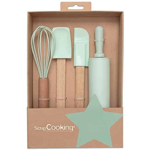 ScrapCooking - Kit Ustensiles Pâtisserie pour Enfants - Coffret Cadeau 4 Ustensiles : Fouet, Spatule, Cuillère, Rouleau - Bois & Silicone - pour Gâteaux, Biscuits - 1136, Vert