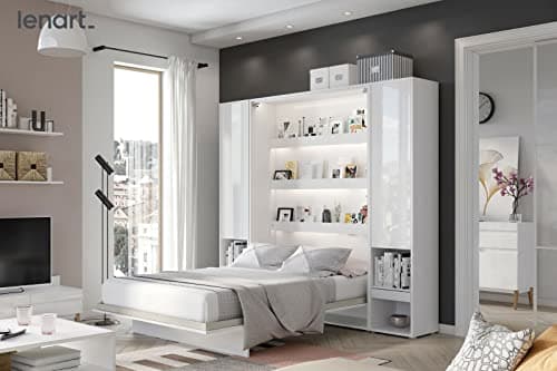 BB Loisir Lenart Armoire Lit Escamotable + 2 Placards Tiroir Vertical 160x200 cm Blanc Brillant Rabattable Mural Consus