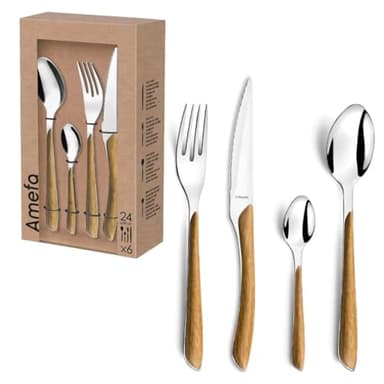 AMEFA - Ménagère 24 couverts de table pour 6 personnes - Eclat Nature - Acier inoxydable 18/0, Finition Brillante - Bois Clair