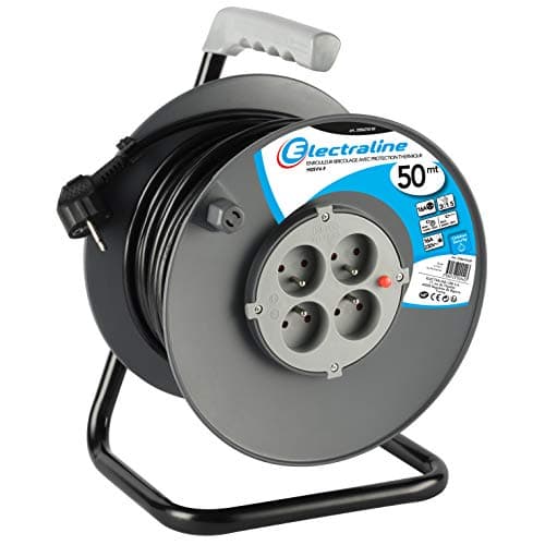 Electraline 20867019F Rallonge Prolongateur électrique 50 m avec enrouleur 4 Prises 16 A section 3G1,5 mm² Gris