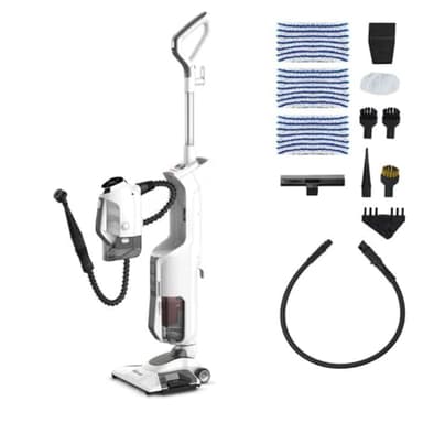 Polti Vaporetto 3 Clean, Balai Vapeur Aspirateur Sans Sac, 3 en 1, 12 Accessoires Inclus, Aspirateur à Main, Chauffage en 30 secondes, Puissance Maximale de 1800 Watts, Blanc et Gris