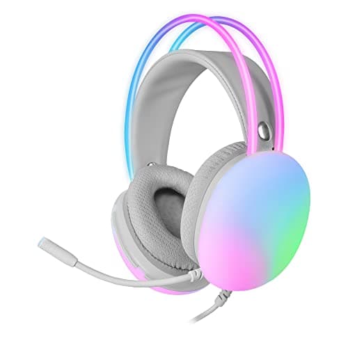 Mars Gaming MH-Glow Blanc, Casque d'écoute 360° Full Chroma RGB Flow, Microphone Anti-Bruit, Design Ultra-léger, Oreillettes Memory-Foam, Compatibilité Universelle