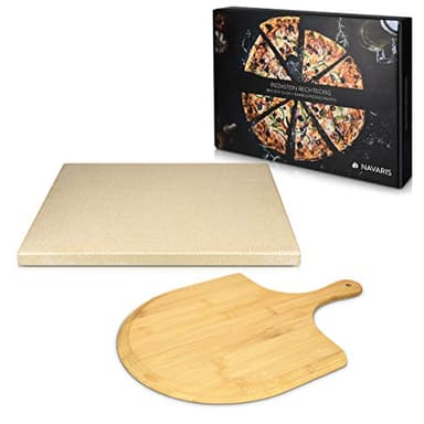 Navaris Pierre à Pizza avec Pelle - Kit Pierre Pizza Rectangulaire XL 38x30cm et Pelle en Bambou - Four Traditionnel Bois Barbecue Grill et Charbon
