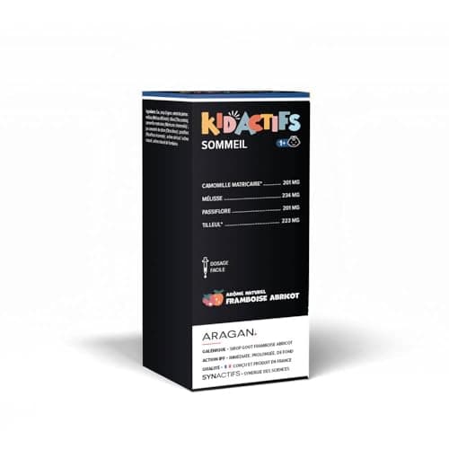 ARAGAN Kidactifs Sirop Sommeil Enfant Goût Framboise Abricot - Camomille, Tilleul, Passiflore, Mélisse - Améliore la Qualité du Sommeil - A partir d'1 An - 12 à 25 jours - Fabriqué en France