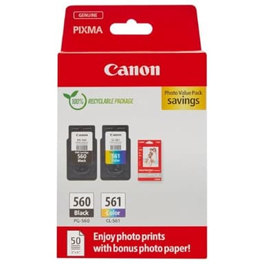Canon Multipack Cartouche Encre & Papier - PG-560/CL-561 Cartouches d'encre Authentiques pour imprimante - 2 Packs (1 x Noir, 1 x Couleur) & Papier Photo 4x6 (50 x Feuilles)