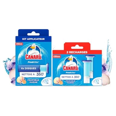 Canard WC Fresh Disc Fraicheur Marine - Bloc WC Sans Cage Nettoyant - Nettoie à 360° - Nouvel Emballage 100% Carton - 1 Applicateur + 3 Recharges