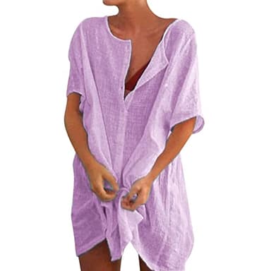 Robe de Plage Femme, Eté Col Rond Coton Et Lin Chemise, Bikini Cover Up pour Maillot de Bain, Tunique de Plage Élégante, Casual Robe de Maillot Beachwear Blouse Femme (A03-Purple, XXXXL)