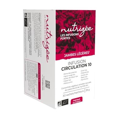 Infusion Circulation 10 Bio | Jambes Légères, Tonus Veineux, Drainage & Détox Naturelle | Vigne Rouge, Cassis, Hibiscus, Ortie, Sureau bio, Raisin, Myrtille, Reine des Prés Bio | 30 Sachets