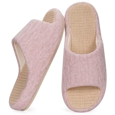 Chaussons en Lin Femmes Pantoufles Léger Bout Ouvert Chaussures pour la Maison Mémoire Foam Plats Intérieur Cozy Slippers, Rose, 37/38 EU, Étiquette 38-39
