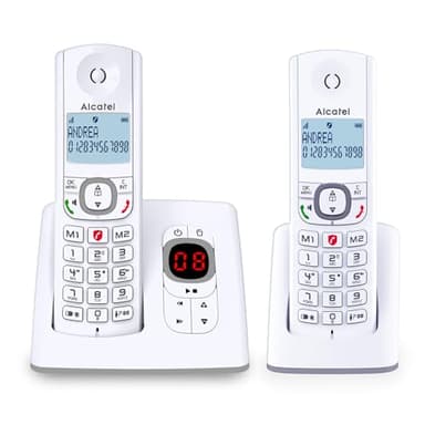 ALCATEL F530 Voice Duo - Téléphone Fixe Sans Fil DECT Avec Répondeur - Grand Écran Rétroéclairé - Mains Libres - Fonction Blocage Des Appels - 2 Touches De Mémoires Directes - 2 Combinés - Blanc/Gris