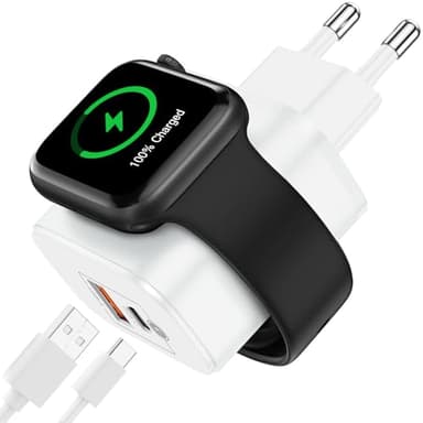 Chargeur Compatible avec Apple Watch et Iphone 3 en 1, 20W USB C Chargeur Rapide à 2 Ports avec USB-C et USB-A Chargeur Montre Connectée Compatible avec Apple iWatch Se 9/8/7/6/5/Ultra/SE, Samsung