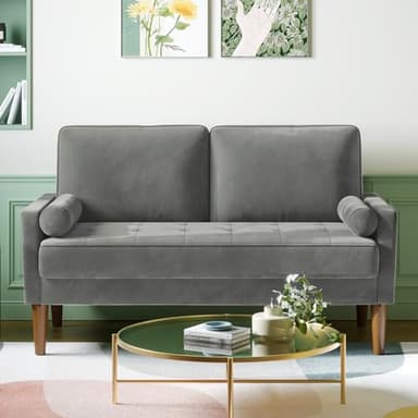 Vesgantti Petit Canapé 2 Places Gris, Canapé en Velours 121cm avec Coussin à Ressorts, Mini Chambre avec Accoudoirs, Causeuse de Salon Moderne, Causeuse Fixe 2 Places, Gris Causeuse