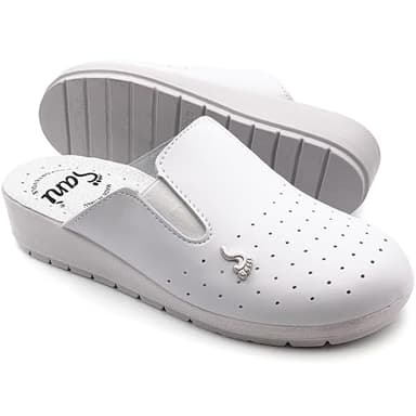 Chaussons sanitaires anatomiques pour femmes, chaussons en cuir véritable, chaussures orthopédiques avec élastique réglable, sabots fabriqués en Italie, Blanc, 37 EU