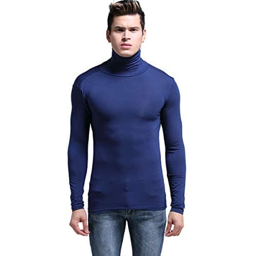 Ouruikia Homme léger Thermique Modal Couche de Base à col roulé à Manches Longues Pull Top sous-vêtements Thermiques pour Hommes Automne Hiver Hauts L Bleu