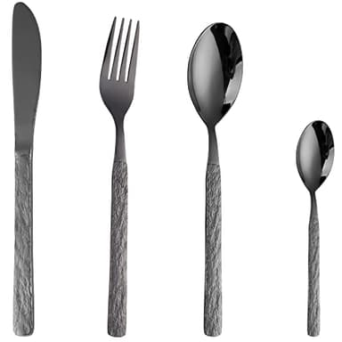 CAOPAOTI Ensemble de couverts de table noirs pour 6 personnes, Set de couvert acier inoxydable, Ménagères 24 pièces, Lave-vaisselle, Conception de motifs en pierre