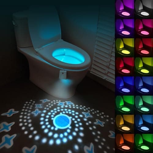 HOTUT Lampe LED pour Toilette, 16 Couleurs Lumière des Toilettes À L'intérieur des Toilettes avec Détecteur de Mouvement, Étanche et Rechargeable, Lampe avec Projection pour Salle de Bain et Toilettes