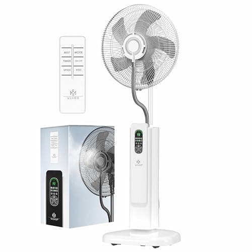 KESSER® Ventilateur sur pied Frosty à eau Refroidissement par eau à pulvérisation d'ultrasons, télécommande incluse, fonction minuterie, humidificateur silencieux, fonction brumisation, blanche