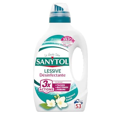 Sanytol - Lessive Désinfectante - Fleurs Blanches - 2,65 L - Tout Type de Linge, Préserve Fibres et Couleurs à Toutes Températures - Bactéricide, Virucide - Sans Javel
