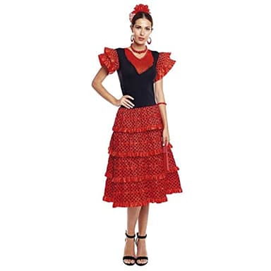 Partilandia Robe Flamenca Femme Rouge【Tailles Adulte S à XXL】[Taille M] Costume Sevillana Costume Flamenca Volants Foire Avril Séville Danse