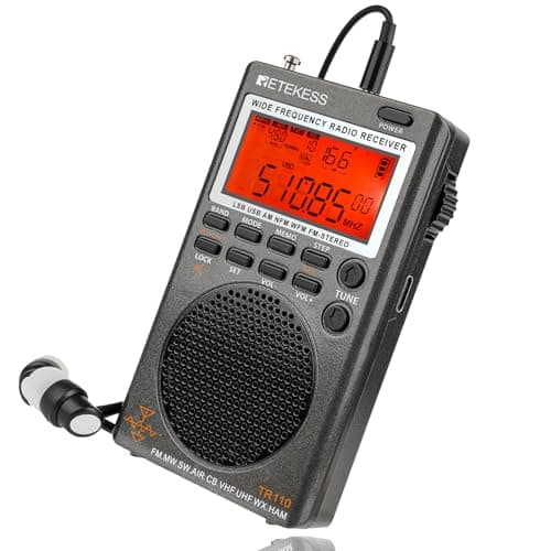 Retekess TR110 Mini Scanner Radio SSB, Radio Ondes Courtes, AIR FM MW SW, Batterie Rechargeable, Horloges, Minuterie de Veille, Type-C pour Extérieur