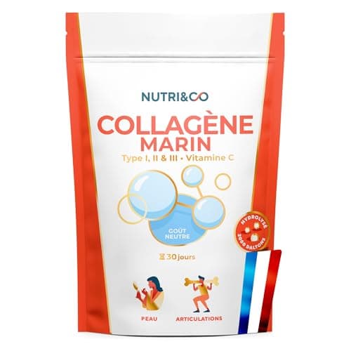 NUTRI & CO Collagène Marin Types 1 2 3 + Vitamine C - Peau & Articulations - 5500mg de Collagène Hydrolysé Breveté par Portion - Peptides en Poudre Goût Neutre 180g - Fabriqué en France
