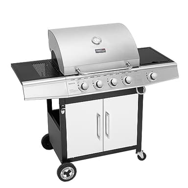 Royal Gourmet Barbecue Gaz à 4+1 Brûleurs en Acier Inoxydable, Gril à Gaz de Puissance 14,5kW avec Tablettes et Thermomètre, 2 Roues Directionnelles, 2 Portes, Adapté pour Jardin et Extérieure, Argent