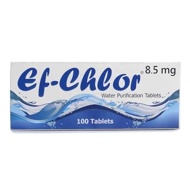 Ef-Chlor Pastilles de purification d'eau 8,5 mg - 100 comprimés - Traite jusqu'à 200L - Camping - Voyage, utilisation d'urgence - Purifie l'eau trouble ou claire en 30 minutes