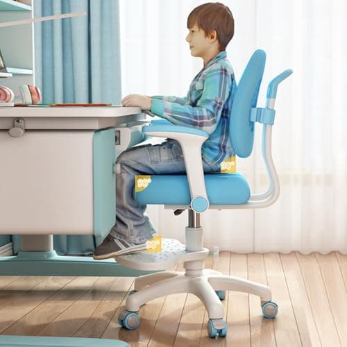 Chaise de bureau ergonomique pivotante pour enfants et adolescents, réglable en hauteur, repose-pieds et roues verrouillables, bleu