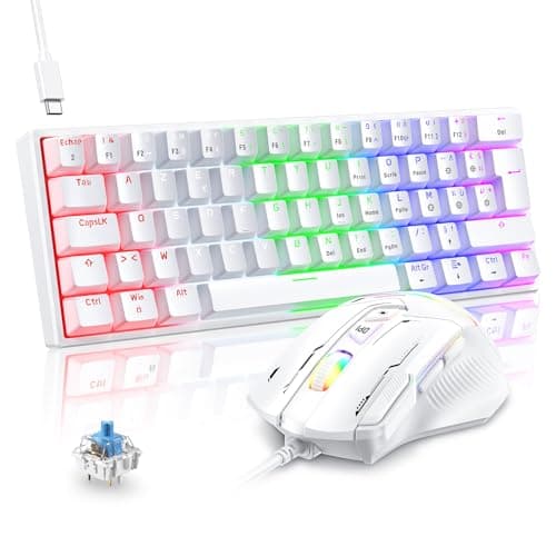 TECURS Ensemble Clavier et Souris Gamer Mécanique Filaire AZERTY, 60% Mini Clavier Souris Gaming Rétroéclairé USB, Souris Gamer RGB 7200 DPI pour PC PS5 Xbox Win, Switch Bleu, Anti-Ghosting, Blanc