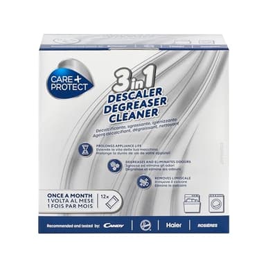 CARE + PROTECT Détartrant 3en1 pour lave-linge et lave-vaisselle, Anticalcaire, Désinfectant et Dégraissant, Désodorise, Prolonge la durée de vie de la machine, 12 sachets de Poudre pour 12 mois