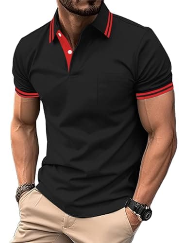 zitysport Polos Homme Manches Courtes Sport Tennis Shirt Respirant Fonctionnel avec Poche Chemises Eté Golf Extérieur Slim Fit Polo Hommes Golf Poche Poitrine Regular Fit Tshirt(Noir-3XL)