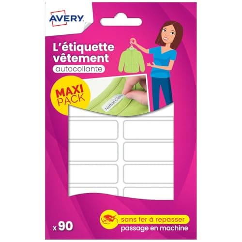 Avery Étiquettes Autocollantes Blanches Inscriptibles 90 Pièces - autocollant Personnalisable avec un marqueur permanant - Durable Lavable jusqu'à 40C et sèche-linge - 1,3 x 4,5 cm