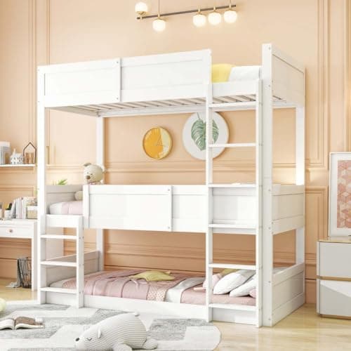 PUGSDRLY Lit Superposé 3 Places en Bois 90x200cm, Triple Enfant, Surélevé, Design Clôture Haute, Cadre de Lit pour Enfant (Blanc)