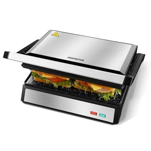 Aigostar Hett Pro - Grill Panini, Grills électriques Avec Plaques Antiadhésives. Récupérateur de Graisses Amovible, Ouverture à 180º, Deux Surfaces de Cuisson de 27 x 17cm, 1500W.