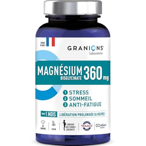 MAGNESIUM BISGLYCINATE 360 MG - GRANIONS - Magnesium Fort Dosage + Vitamine B6 - Anti Stress Adulte - Magnesium Bisglycinate 360 MG - Stress Fatigue - Magnesium 60 Comprimés - Fabriqué en France