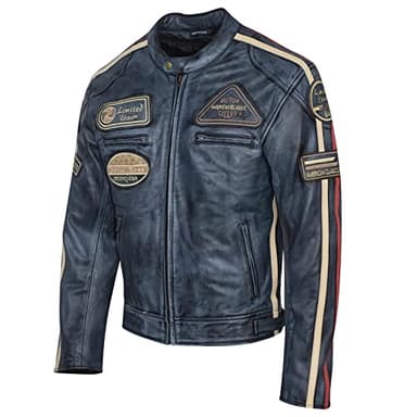 PRO FUTURE ASPIDEX Blouson moto en cuir pour homme, vintage, Custom & Café, de course, style Harley, bleu, XXXL